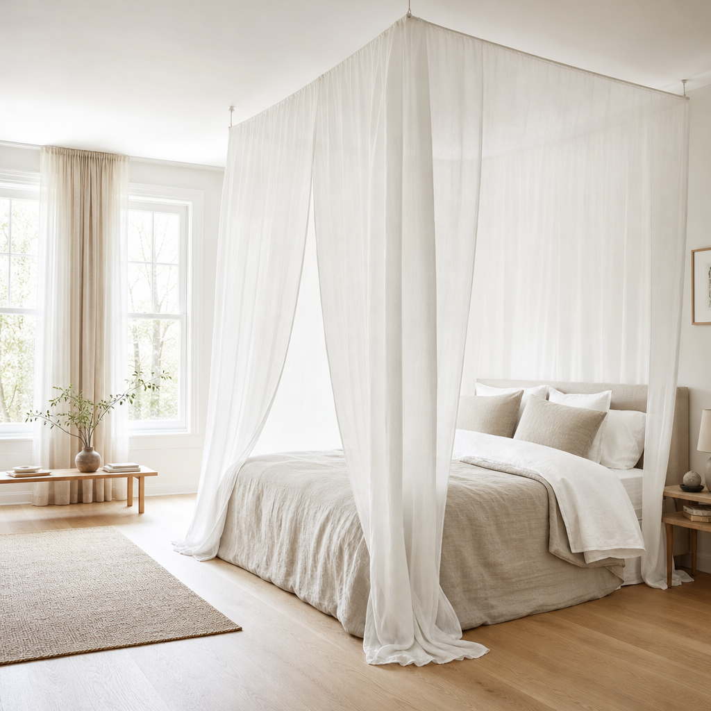 Helles Schlafzimmer mit Doppelbett unter einem weissen Swiss Shield® Abschirm-Baldachin