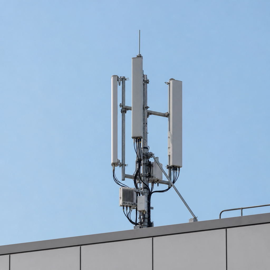 Mobilfunkantenne auf einem Dach vor hellem Himmel
