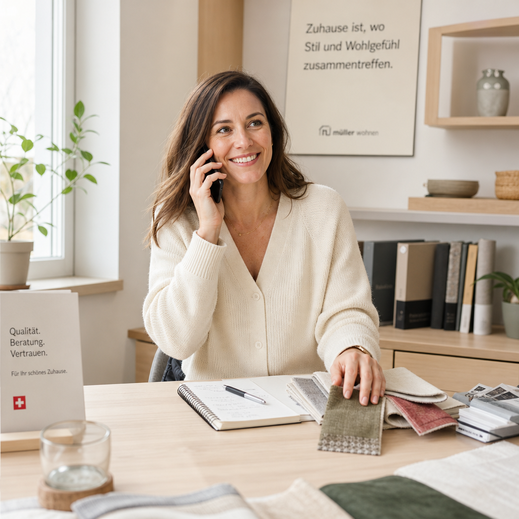 Fachberaterin am Schreibtisch mit Stoffmustern und Telefon
