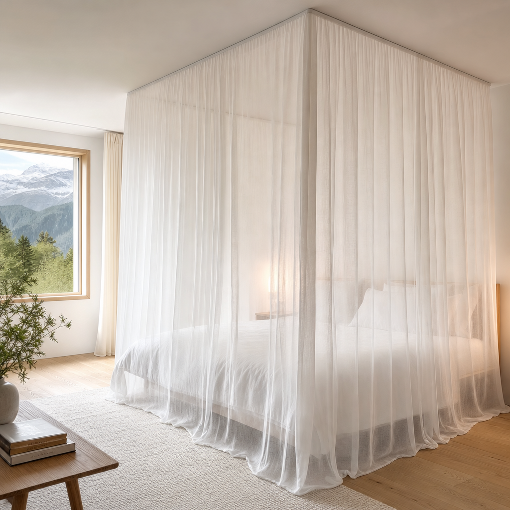 Doppelbett unter einem weissen Swiss Shield® Baldachin in einem hellen Schlafzimmer