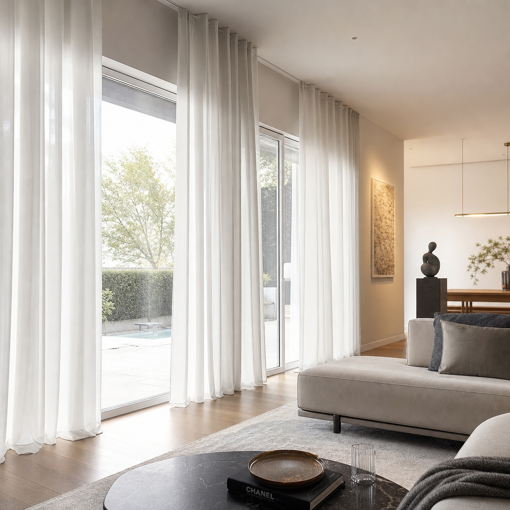 Helles Wohnzimmer mit fliessenden weissen Abschirmvorhängen aus Swiss Shield® Stoff
