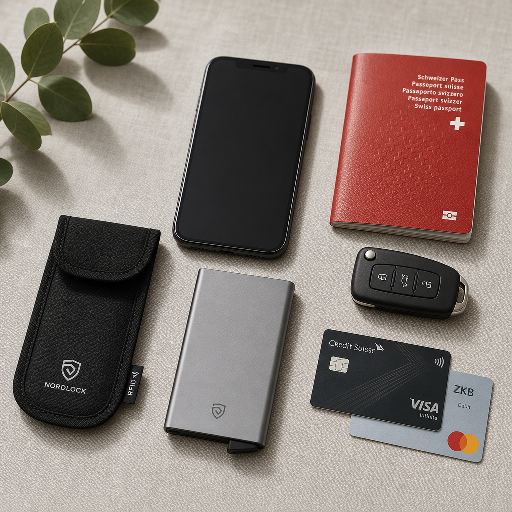 Handy, Pass, Autoschlüssel und Bankkarten neben einer abschirmenden Tasche und einem RFID Kartenetui