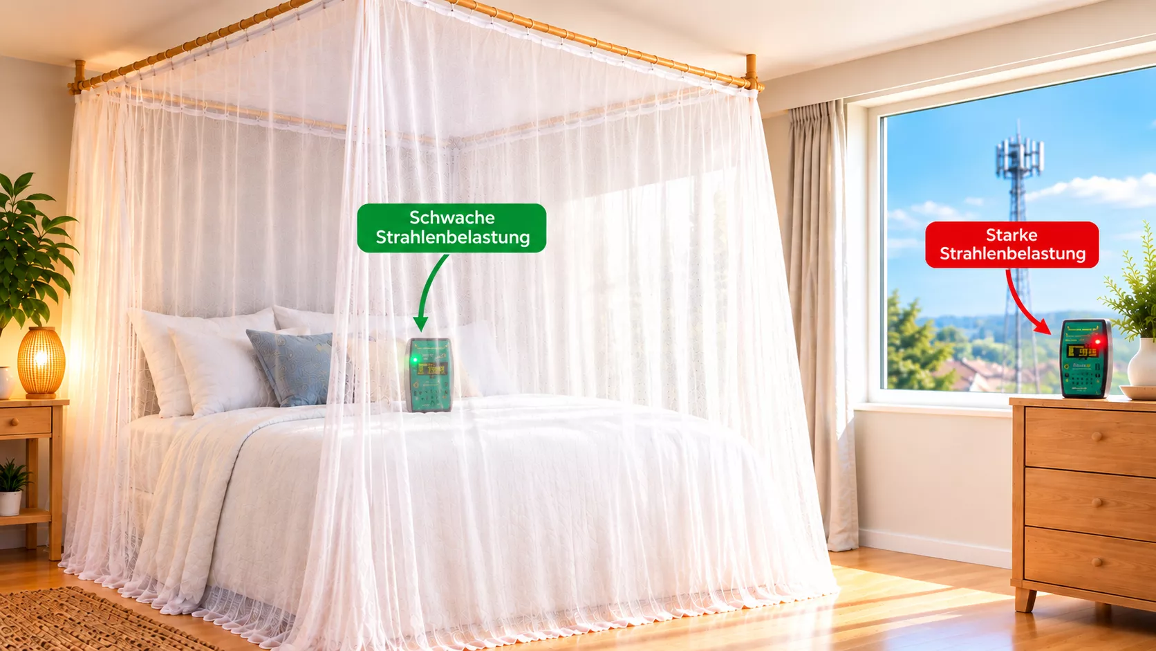 Bett mit weißem Abschirm-Baldachin: innerhalb geringe Strahlenbelastung (grüne Markierung), außerhalb am Fenster mit Mobilfunkmast hohe Strahlenbelastung (rote Markierung).